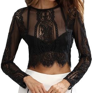 Sexy Sheer Blouse Mesh See Through Lace Crop